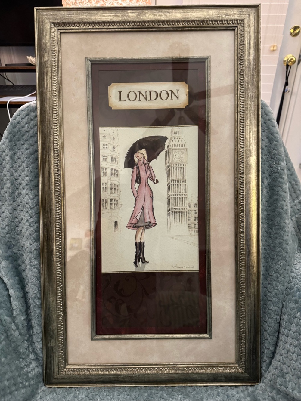 London Fashion Illustration Framed Wall Art - Pink, Black, Cream 16 x 28